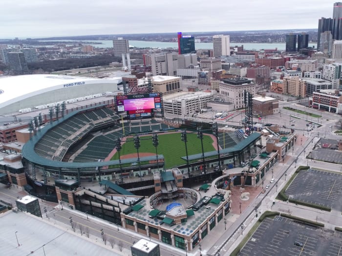 Overhead shot of Detroit skyline and Comerica Park, home of the Tigers.